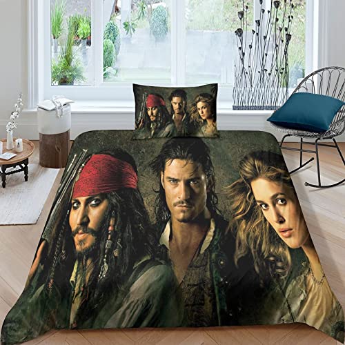 Pirates of The Caribbean Bettbezug Bettwäsche Set Movie Bettbezüge 3D Drucken 2 Teilig Microfaser Bettwäsche Super Weiche Atmungsaktive Deckenbezug Mit Reißverschluss Betten Set Single（135x200cm） von ELGISI