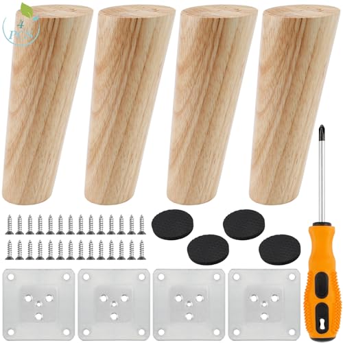 ELICNA 4 Stück Möbelfüße Holz Tischbeine 12cm Rund Möbelbeine Schrankfüße Sofafüße mit 4X Montageplatten und 28x Schrauben 1x Schraubendreher 4X Gummipads für Bett Tische Couch Stühle von ELICNA