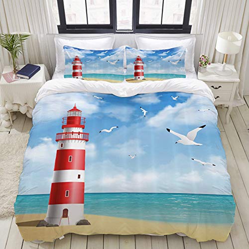 ELIENONO Bettwäsche-Set,Mikrofaser,Strand-realistischer Illustrations-Leuchtturm auf ruhiger Küsten-Fliegen-Seemöwen-Ozean-Landschaft,1 Bettbezug 135 x 200cm + 2 Kopfkissenbezug 50 x 80cm von ELIENONO