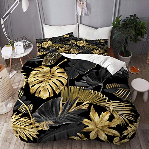 ELIENONO Bettwäsche-Set,Vektor Nahtlose Muster Gold schwarz tropisch,Dekoratives 3-teiliges Bettwäscheset mit 2 Kissenbezügen,Einzelgröße(135 x 200cm) von ELIENONO