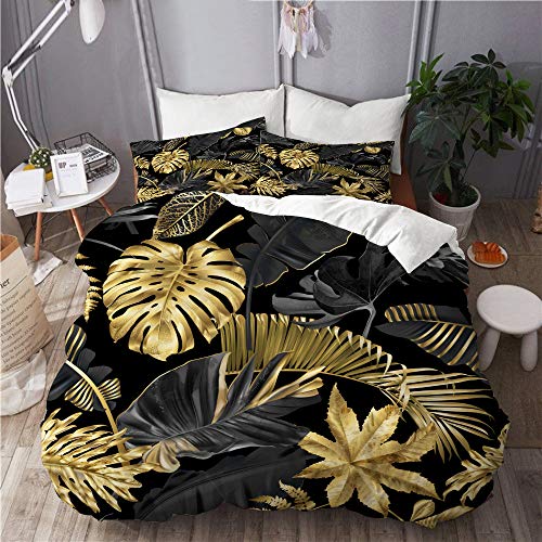 ELIENONO Bettwäsche-Set,Vektor Nahtlose Muster Gold schwarz tropisch,Dekoratives 3-teiliges Bettwäscheset mit 2 Kissenbezügen,King Size(200 x 200cm) von ELIENONO