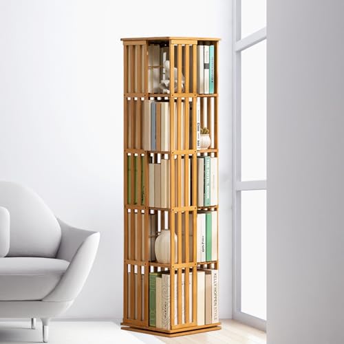 ELIKBH 360 drehbares Bücherregal, Aufbewahrungsschrank, Bambus-Studio, stehendes Bücherregal, Turm-Eckregal für Zuhause, Büro, Schlafzimmer (Color : Wood, Size : 5layer) von ELIKBH