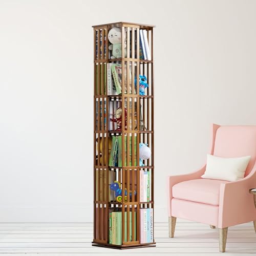 ELIKBH 360 drehbares Bücherregal, Bambus-Pflanzenständer, hohes, drehbares Bücherregal, Aufbewahrungsregal, Spielzeug-Aufbewahrungsschränke, Eckregal für Zuhause (Color : Brown, Size : 6layer) von ELIKBH