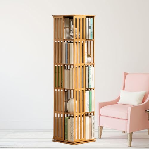 ELIKBH 360 drehbares Bücherregal, Bambus-Pflanzenständer, hohes, drehbares Bücherregal, Aufbewahrungsregal, Spielzeug-Aufbewahrungsschränke, Eckregal für Zuhause (Color : Wood, Size : 5layer) von ELIKBH