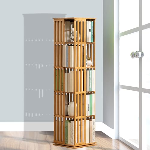 ELIKBH 360 drehbares Bücherregal aus Bambus, Bücherregal, Turm, 6 Etagen, Spielzeugaufbewahrung, Eckschrank, bodenstehender Blumenständer für Schlafzimmer und Wohnzimmer (Color : Wood, Size : 5layer von ELIKBH
