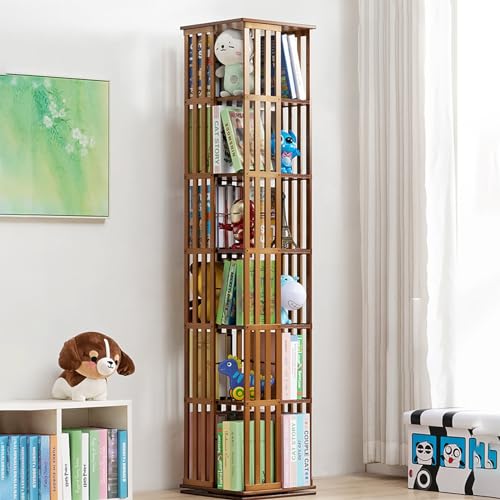 ELIKBH 360 drehbares Bücherregal aus Bambus, drehbar, Bücherregal, Aufbewahrungsschränke, Spielzeugaufbewahrung, Turm, Eck-Organizer für Schlafzimmer (Color : Brown, Size : 6layer) von ELIKBH