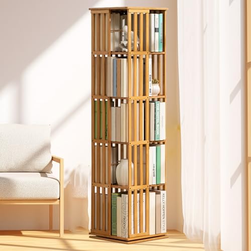 ELIKBH 360 drehbares Bücherregal aus Bambus, drehbar, Bücherregal, Aufbewahrungsschränke, Spielzeugaufbewahrung, Turm, Eck-Organizer für Schlafzimmer (Color : Wood, Size : 5layer) von ELIKBH