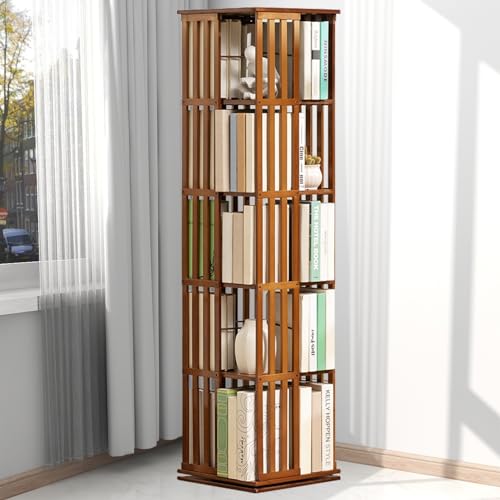 ELIKBH 360 drehbares Bücherregal aus Bambus, hohes Aufbewahrungs-Bücherregal, Büro, drehbare Aufbewahrungsschränke, Turm für Schlafzimmer, Wohnzimmer (Color : Brown, Size : 5layer) von ELIKBH