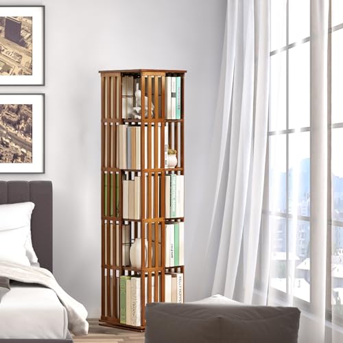 ELIKBH Um 360° drehbares Bücherregal aus Holz mit 6 Ebenen, Aufbewahrungsregal aus Bambus, multifunktionales Drehmöbel für Wohnzimmer, Büro, Schlafzimmer (Color : Brown, Size : 5layer) von ELIKBH