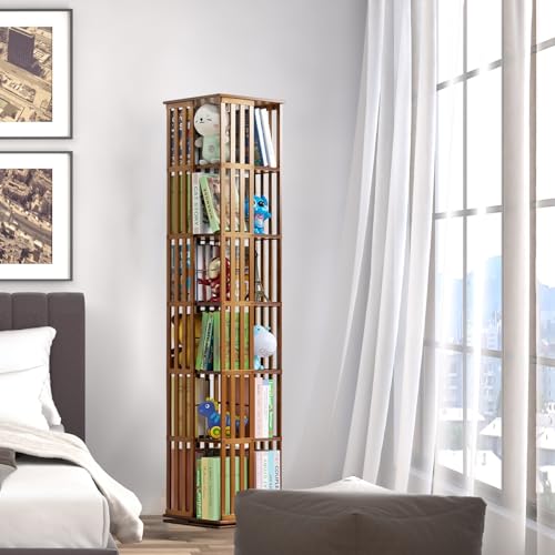 ELIKBH Um 360° drehbares Bücherregal aus Holz mit 6 Ebenen, Aufbewahrungsregal aus Bambus, multifunktionales Drehmöbel für Wohnzimmer, Büro, Schlafzimmer (Color : Brown, Size : 6layer) von ELIKBH
