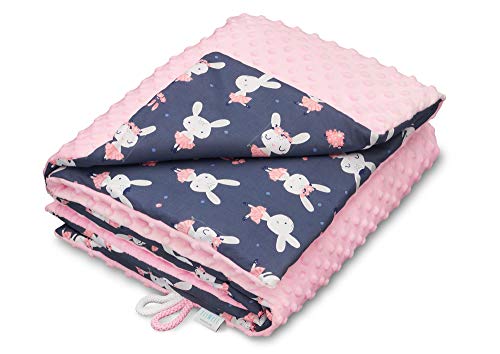 ELIMELI Minky Babydecke Kuscheldecke Krabbeldecke - super weichem Minky Dots Polar Fleece und Baumwolle mit Füllung | Baby Decke 75x100 hoch Qualität (Pink - Navy Blue Rabbits) von ELIMELI