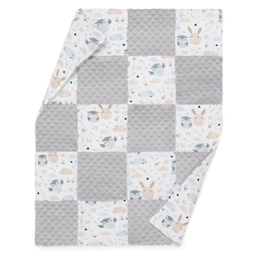 ELIMELI Minky Babydecke Kuscheldecke Krabbeldecke - super weichem Minky Dots Polar Fleece und Baumwolle mit Füllung | Baby Decke 74x92 hoch Qualität (Patchwork Grau - Hase) von ELIMELI