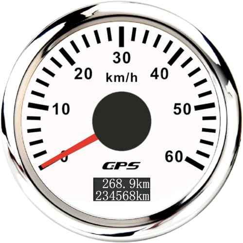 ELING 52 mm GPS-Tachometer 0–60 km/h Kilometerzähler mit 7 Farben Hintergrundbeleuchtung für Schnellboote Schiffe ATV (weiß+edelstahl, 0-60KM/H) von ELING