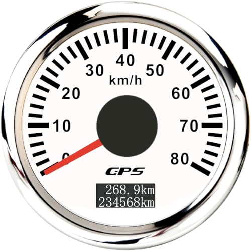 ELING 52 mm GPS-Tachometer 0–80 km/h Kilometerzähler mit 7 Farben Hintergrundbeleuchtung 12 V 24 V für Traktoren Schiffe (weiß+edelstahl, 0-80KM/H) von ELING