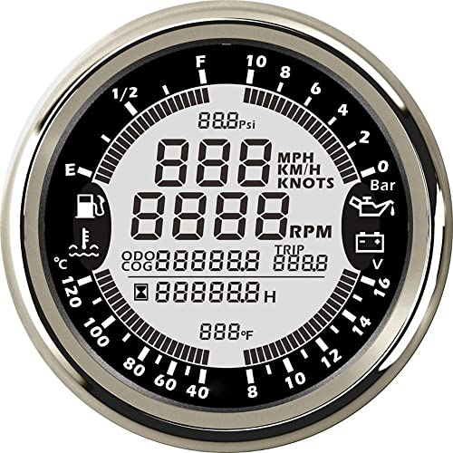 ELING 6-in-1 Multifunktionsanzeige GPS Tachometer Drehzahlmesser Stunde Wassertemperatur Kraftstoffstand Öldruck Voltmeter 10Bar 12V 3-3/8 Zoll (85 mm) Mit Hintergrundbeleuchtung von ELING