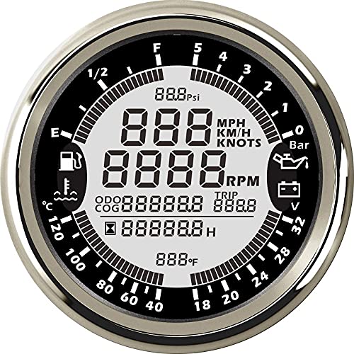 ELING Multifunktionaler GPS-Tachometer Drehzahlmesser Stunde Wassertemperatur Kraftstoffstand Öldruck Voltmeter 24 V 5 bar 85 mm mit Hintergrundbeleuchtung von ELING