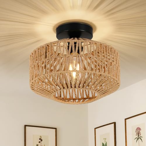 Boho Leuchten Deckenhalterung,11.8"Küsten Hand-gewebte Rattan Deckenleuchte,Rustikale Semi Flush Mount Deckenleuchte,Böhmische Hanf Seil Käfig Kronleuchter für Flur,Schlafzimmer,Eingangsbereich,Küche von ELINKUME
