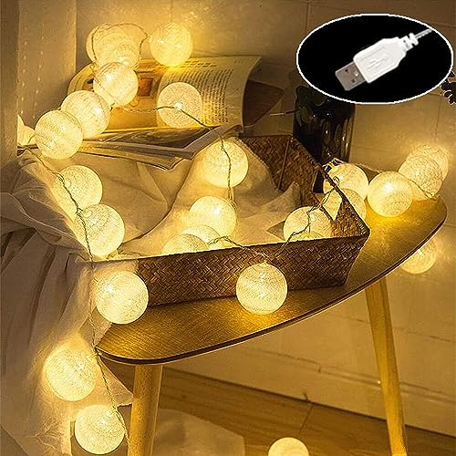 ELINKUME LED Baumwollkugeln Lichterkette mit USB,4M 20er LEDs Warmweiß Cotton Ball Lichterketten Kugeln Nachtlicht für Balkon Fenster Party Hochzeit Weihnachten,Innen Deko Stimmungsbeleuchtung von ELINKUME