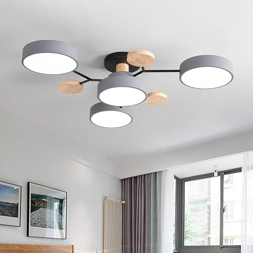ELINKUME LED Deckenleuchte Schlafzimmer,4-Kopf Deckenlampe Wohnzimmer mit 3 Farbigen Temperaturen,48W Kreativ Lampe Decke Holz,Moderne Dekorative Deckenbeleuchtung(Grau) von ELINKUME