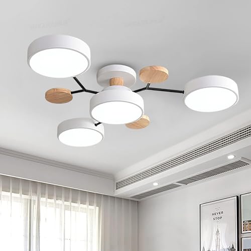 ELINKUME LED Deckenleuchte Schlafzimmer,4-Kopf Deckenlampe Wohnzimmer mit 3 Farbigen Temperaturen,48W Kreativ Lampe Decke Holz,Moderne Dekorative Deckenbeleuchtung(Weiß) von ELINKUME