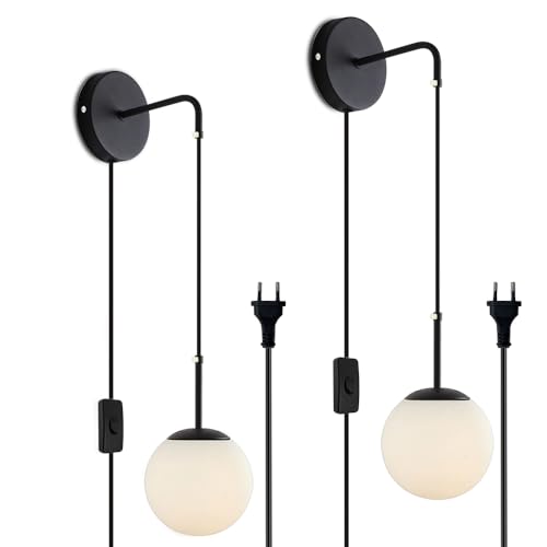 ELINKUME LED Wandleuchte,Wandlampe Innen mit Einstellbares Kabel,E27 Wandleuchten mit Kugelförmigem Lampenschirm,Schalter und Stecker für Schlafzimmer,Badezimmer Beleuchtung,Schwarz,2er-Pack von ELINKUME