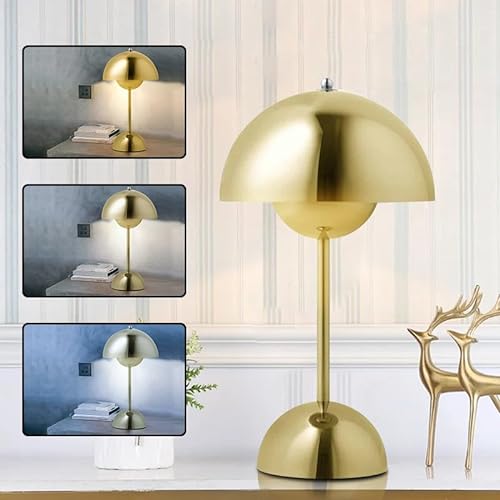 ELINKUME Pilz Dimmen Tischlampe,LED Nachttischlampe mit 4W G45 Birne,Schnurgebundene Tischleuchte,Goldene Schreibtischlampe mit Metall Lampenschirm für Zuhause,Ofiice, Schlafzimmer,Arbeitszimmer von ELINKUME