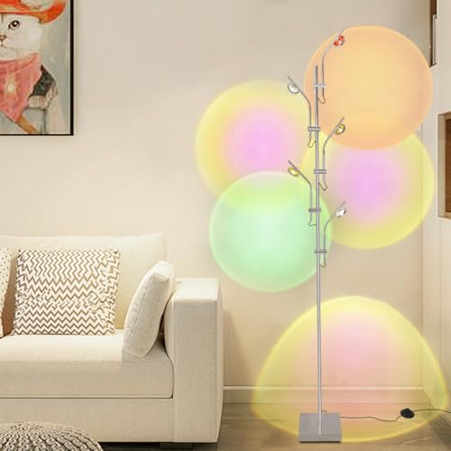 RGB Projektor Stehleuchte,LED Stehlampe Wohnzimmer mit 5 Leuchtenköpfe mit Einstellbaren Winkeln,3000K Stimmungslicht Ambient,Sonnenuntergang Lampe mit Austauschbaren Farbfiltern für Schlafzimmer von ELINKUME