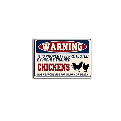 ELIPOS Blechschild mit Aufschrift "Warning This Property is Protected by Highly Trained Chickens", lustiges Outdoor-Warnschild, Vintage-Schild, Wandkunst, Retro-WC, Bar, Zuhause, Kaffee von ELIPOS