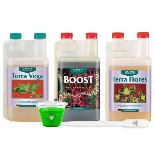 Canna Terra Flores 1L mit Terra Vega 1000ml und Boost 1Liter – Komplettset mit Pipette und Messbecher für Wachstum und Blüte von ELITE BBQ