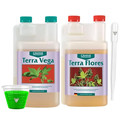 Canna Terra Flores 1L und Terra Vega 1Liter – Set mit Pipette und Messbecher für gesundes Wachstum und üppige Blüten von ELITE BBQ