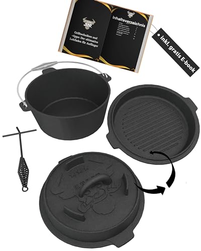 ELITE BBQ Cast Iron Casserole Pot 4,2 Liter ohne Füße, Gusseisentopf Popcorn Maker Lagerfeuer, Einfaches kochen ohne Strom, Lodge 4.5 Quart Enameled Cast Iron Dutch Oven, Duch ofen Suppenkessel von ELITE BBQ