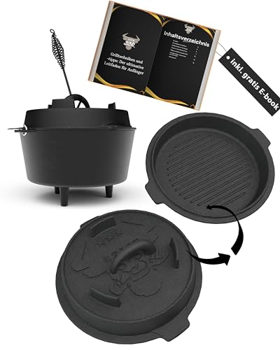 ELITE BBQ Dutch Oven 4,5qt mit Füßen Set, Feuertopf Gusseiserner Kanonenofen Raketenofen mit Deckelheber mit Deckel, Gulaschtopf Brottopf Gusseisen Kazan Utschak mit Kasan, Datschtopf, Dutschofentopf von ELITE BBQ