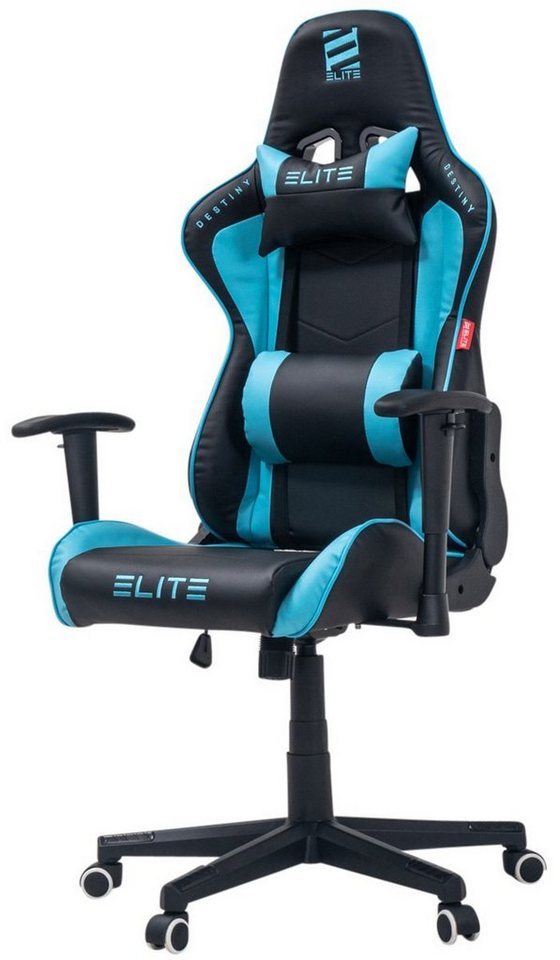 ELITE Gaming Gaming-Stuhl Ergonomischer Bürostuhl Destiny inkl. Rücken- & Nackenkissen (Drehstuhl mit 2D-Armstützen, verriegelbare Wippmechanik, mechanische Härtegradeinstellung, verstellbare Sitzhöhe, 90° klappbare Rückenlehne, Sicherheits-Doppelrollen, 5-Stern Fußkreuz, 360 Grad horizontal drehbar, PVC Memory-Schaum, Sicherheitsgasdruckfeder, Hohe Belastbarkeit bis 150 kg, Chefsessel, Drehsessel, Racing Chair, Gaming Chair, Computerstuhl, Racingstuhl, Pflegeleicht, hochwertige Verarbeitung, Computer Stuhl mit Racing-Design, 1 St), Zockerstuhl - Home Office - Gaming Stuhl - bis 170 kg von ELITE Gaming