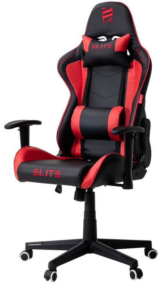 ELITE Gaming Gaming-Stuhl Ergonomischer Bürostuhl Destiny inkl. Rücken- & Nackenkissen (Drehstuhl mit 2D-Armstützen, verriegelbare Wippmechanik, mechanische Härtegradeinstellung, verstellbare Sitzhöhe, 90° klappbare Rückenlehne, Sicherheits-Doppelrollen, 5-Stern Fußkreuz, 360 Grad horizontal drehbar, PVC Memory-Schaum, Sicherheitsgasdruckfeder, Hohe Belastbarkeit bis 150 kg, Chefsessel, Drehsessel, Racing Chair, Gaming Chair, Computerstuhl, Racingstuhl, Pflegeleicht, hochwertige Verarbeitung, Computer Stuhl mit Racing-Design, 1 St), Zockerstuhl - Home Office - Gaming Stuhl - bis 170 kg von ELITE Gaming