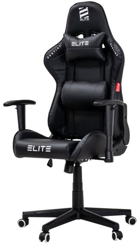 ELITE Gaming Gaming-Stuhl Ergonomischer Bürostuhl Destiny inkl. Rücken- & Nackenkissen (Drehstuhl mit 2D-Armstützen, verriegelbare Wippmechanik, mechanische Härtegradeinstellung, verstellbare Sitzhöhe, 90° klappbare Rückenlehne, Sicherheits-Doppelrollen, 5-Stern Fußkreuz, 360 Grad horizontal drehbar, PVC Memory-Schaum, Sicherheitsgasdruckfeder, Hohe Belastbarkeit bis 150 kg, Chefsessel, Drehsessel, Racing Chair, Gaming Chair, Computerstuhl, Racingstuhl, Pflegeleicht, hochwertige Verarbeitung, Computer Stuhl mit Racing-Design, 1 St), Zockerstuhl - Home Office - Gaming Stuhl - bis 170 kg von ELITE Gaming