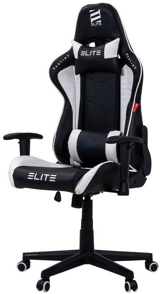 ELITE Gaming Gaming-Stuhl Ergonomischer Bürostuhl Destiny inkl. Rücken- & Nackenkissen (Drehstuhl mit 2D-Armstützen, verriegelbare Wippmechanik, mechanische Härtegradeinstellung, verstellbare Sitzhöhe, 90° klappbare Rückenlehne, Sicherheits-Doppelrollen, 5-Stern Fußkreuz, 360 Grad horizontal drehbar, PVC Memory-Schaum, Sicherheitsgasdruckfeder, Hohe Belastbarkeit bis 150 kg, Chefsessel, Drehsessel, Racing Chair, Gaming Chair, Computerstuhl, Racingstuhl, Pflegeleicht, hochwertige Verarbeitung, Computer Stuhl mit Racing-Design, 1 St), Zockerstuhl - Home Office - Gaming Stuhl - bis 170 kg von ELITE Gaming