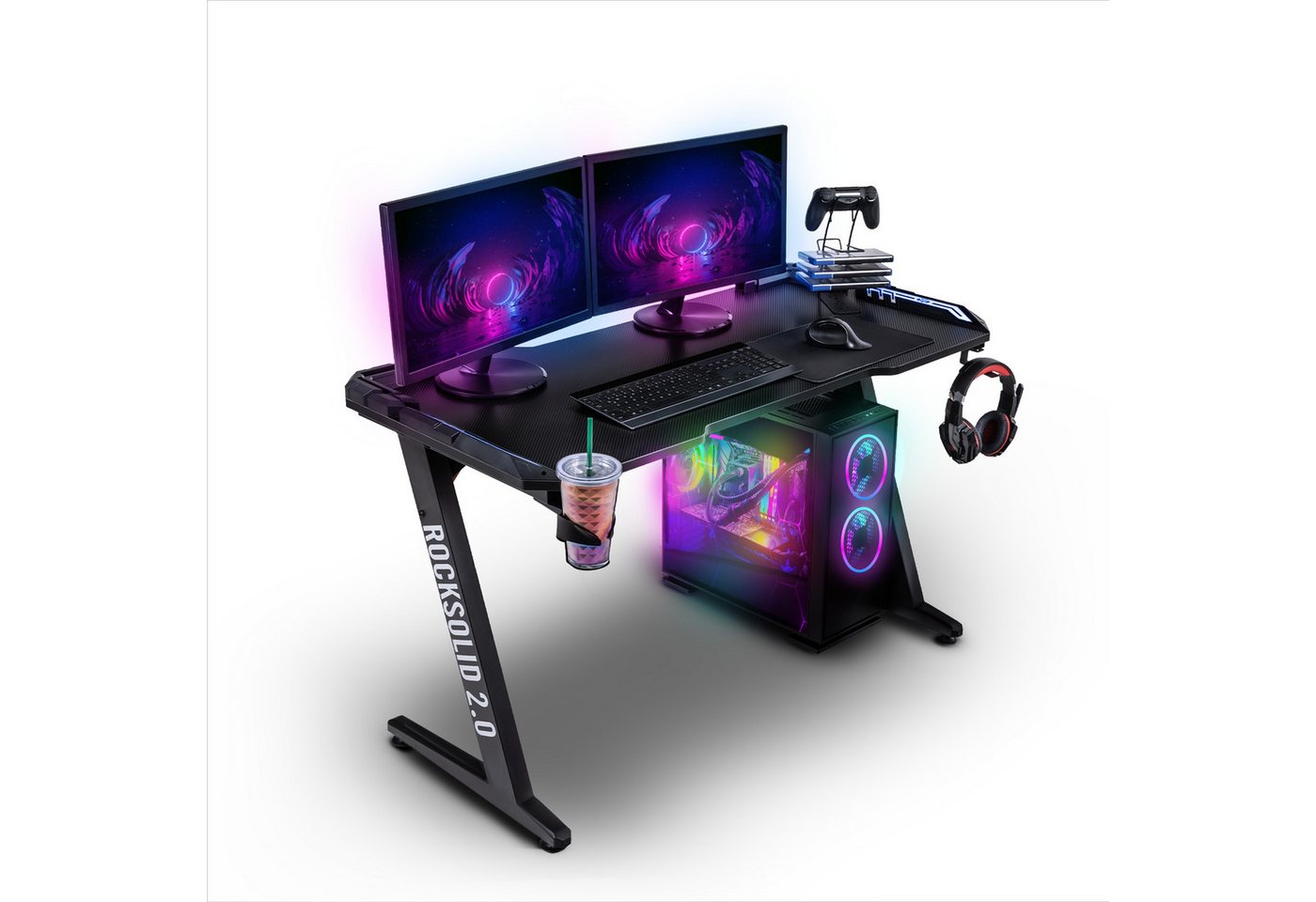 ELITE Gaming Gamingtisch Elite Gamer-Schreibtisch Rocksolid, RGB-LED (Jugendschreibtisch inkl. Getränke-, Headset- und Controller-Spiele-Halterung, 2-St., Schreibtisch, verstellbare Standfüße, Kabelkanal, ergonomisches Design), Gamingtisch inkl. Fernbedienung & Handyhalterung - 200 kg belastbar von ELITE Gaming