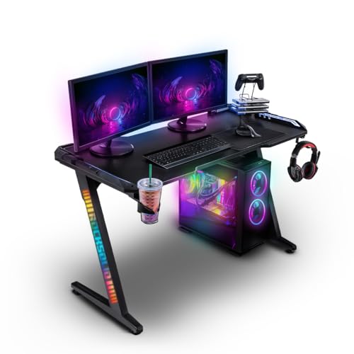 ELITE Gaming Tisch mit LED | Rocksolid 2.0 Infinity - RGB Beleuchtung mit Fernbedienung - Schreibtisch - Computertisch - Gamingtisch - Arbeitstisch - Headsethalterung - Kabelkanal - Getränkehalter von ELITE