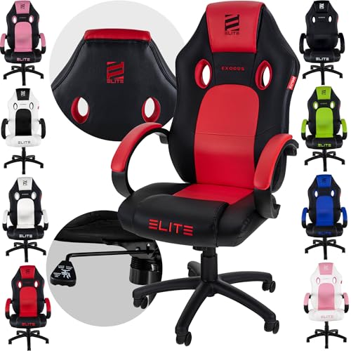 ELITE Gaming Stuhl MG100 Exodus | Ergonomischer Bürostuhl - Schreibtischstuhl - Chefsessel - Sessel - Racing Gaming Stuhl - Gamingstuhl - Drehstuhl - Chair - Kunstleder Sportsitz (Schwarz/Rot) von ELITE