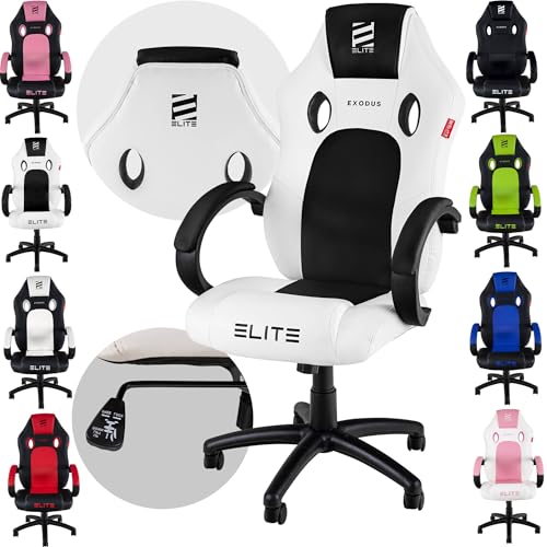 ELITE Gaming Stuhl MG100 Exodus | Ergonomischer Bürostuhl - Schreibtischstuhl - Chefsessel - Sessel - Racing Gaming-Stuhl - Gamingstuhl - Drehstuhl - Chair - Kunstleder Sportsitz (Weiß/Schwarz) von ELITE