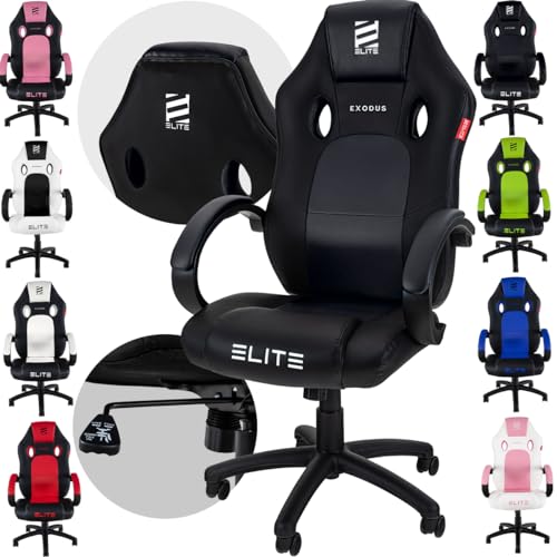 ELITE Gaming Stuhl MG100 Exodus | Ergonomischer Bürostuhl - Schreibtischstuhl - Chefsessel - Sessel - Racing Gaming Stuhl - Gamingstuhl - Drehstuhl - Chair - Kunstleder Sportsitz (Schwarz) von ELITE