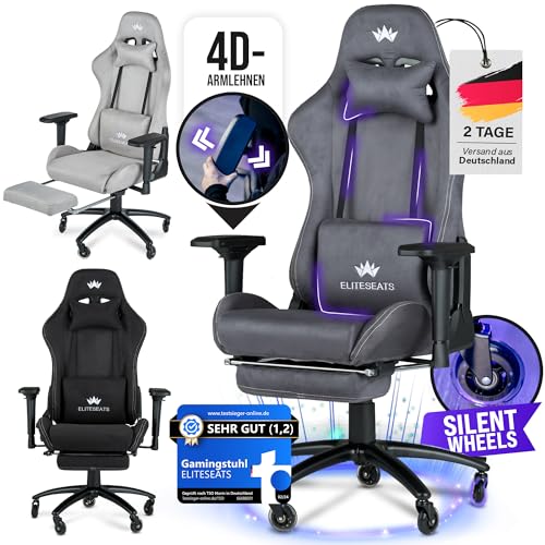 ELITESEATS Gaming Stuhl Ergonomisch [TESTSIEGER] Kratzerfreie Rollen Atmungsaktiv, 4D-Armlehnen, mit Fußstütze | Ergonomischer Gamingstuhl Stoff 150 kg Belastbarkeit | Gaming Chair von ELITESEATS