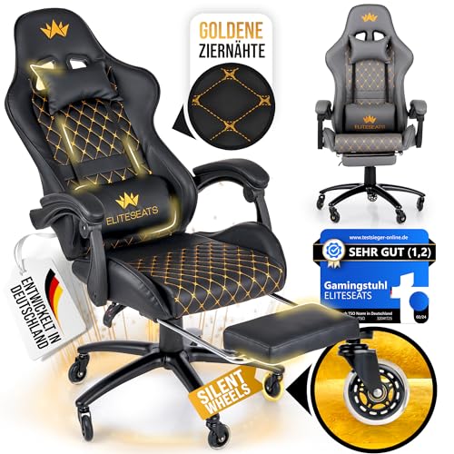 ELITESEATS Gaming Stuhl [mit Fußstütze] - Gaming Chair [Silent Wheels] - Gamingstuhl Ergonomisch - Gamer Stuhl Gaming Sessel Bürostuhl (Schwarz) von ELITESEATS