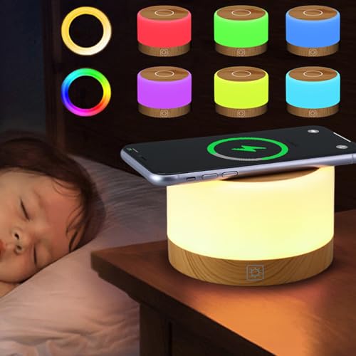 Nachtlicht Kinder, Nachttischlampe mit 15W Wireless Charger Stilllicht 7 Farben RGB Touch Dimmbar Nachtlicht mit Farbwechselnde Memory-Funktion für Kinderzimmer Deko LED Nachtlampe schlafzimmer von ELITUN