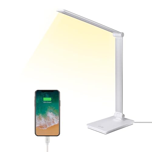 ELITUN Schreibtischlampe, LED Lamp 5 Farb 3-stufiges Dimmen tischlampe USB Ladefunktion Nachttischlampe stilllicht mit Memory-Funktion Augenfreundliche Leselampe büro organizer weiß Tischleuchte von ELITUN