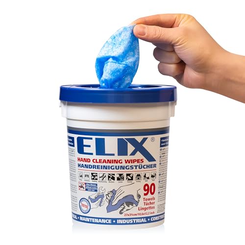 ELIX Handreinigungstücher - 90 Stück im stabilen Eimer - Weiche und Abrasive Seite - Größe 31 * 27 cm - Feuchttücher zur Handreinigung - Hände und Werkzeugen reinigen ohne Wasser und Seife - Blau von ELIX