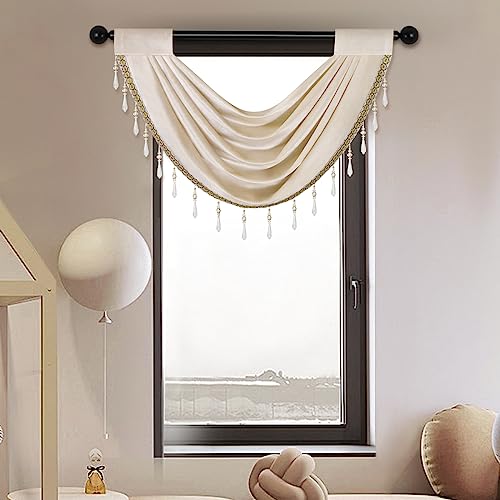 ELKCA Cremefarbener Samt-Wasserfall-Volant für Wohnzimmer, Volant-Vorhänge für Küche, 1 Stück (cremefarben, 76,2 cm B x 55,9 cm L) von ELKCA
