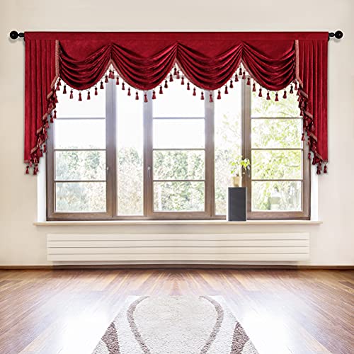 ELKCA Dicke Chenille-Fenstervorhänge, Volant für Wohnzimmer, mit Quasten, Burgunderrot, Wasserfall-Volant für Festival, Burgunderrot, B 110 von ELKCA