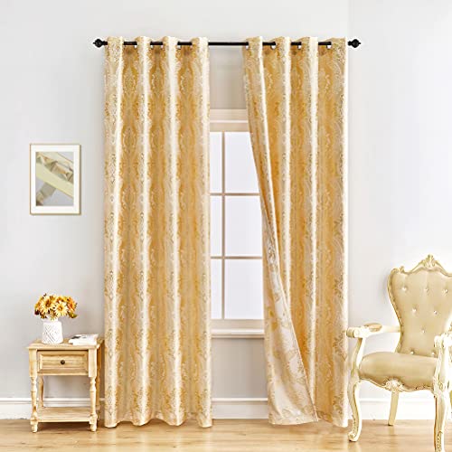 ELKCA Luxuriöse Jacquard-Vorhänge für Wohnzimmer, luxuriöses Fenstervorhänge-Set für Schlafzimmer, 2 Raffhalter, Damastfarben, goldfarben, 132 x 243 cm (B x L) von ELKCA