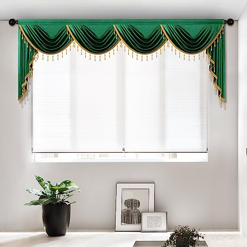 ELKCA Luxuriöse dunkelgrüne Samt-Vorhangvolants für Wohnzimmer mit Perlen (299,7 cm, 1 Stoff) von ELKCA